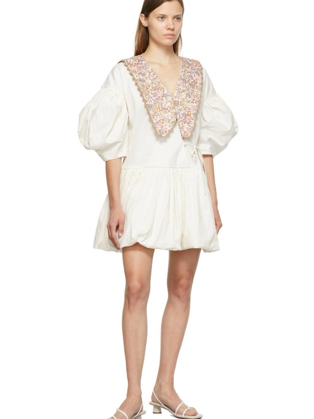Kika Vargas White Mini Dress Floral Oversized Detachable Collar Puff Sleeve Sz M
